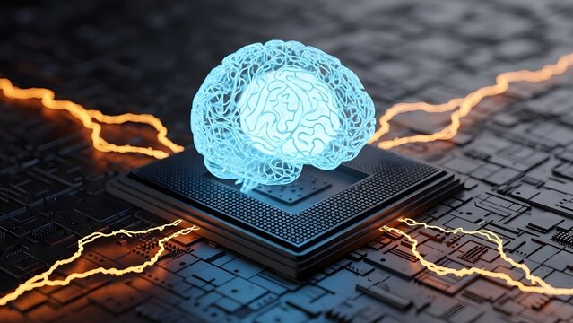A glowing digital brain hovers above a computer processor, symbolizing artificial intelligence and advanced computing.