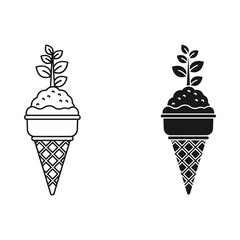 Ice cream cone with growing plant symbolizing growth and nature