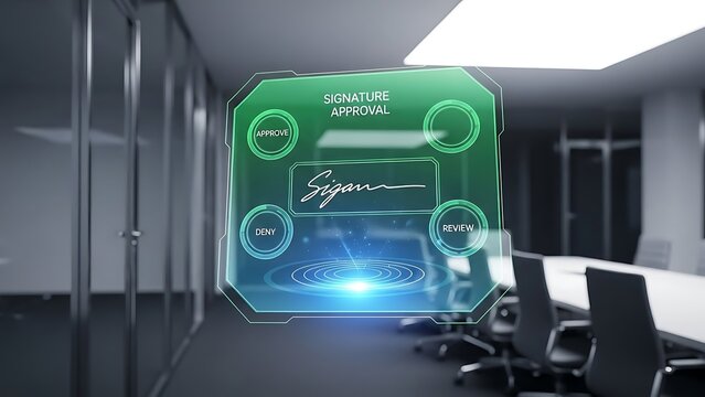 Futuristic holographic digital signature interface floating in a modern, blurred office conference room setting with glass walls and chairs