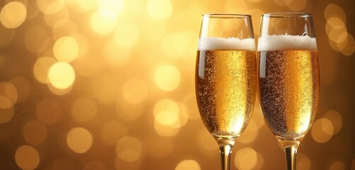 Two champagne flutes filled with bubbly golden liquid and foam. Soft warm bokeh lights create festive elegant mood for celebration occasion. Great background.