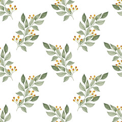 Seamless botanical pattern with eucalyptus branches and yellow berries, hand-painted watercolor foliage design, elegant nature texture for textile and packaging