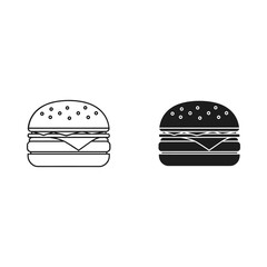 Simple outline and solid silhouette of a cheeseburger icon