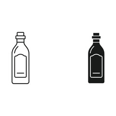 Simple line art and solid silhouette of a glass bottle with label