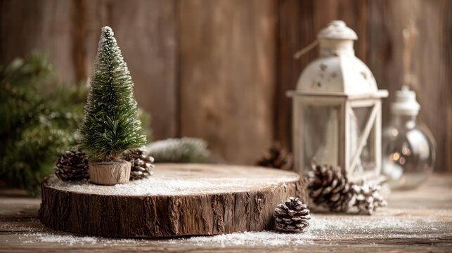 Rustic wooden slice podium with miniature christmas tree and pine cones dusted with snow against a lantern