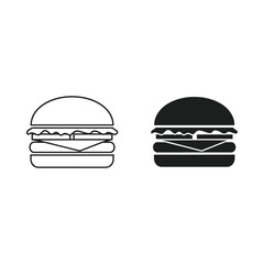 Simple outline and solid silhouette icons of a cheeseburger