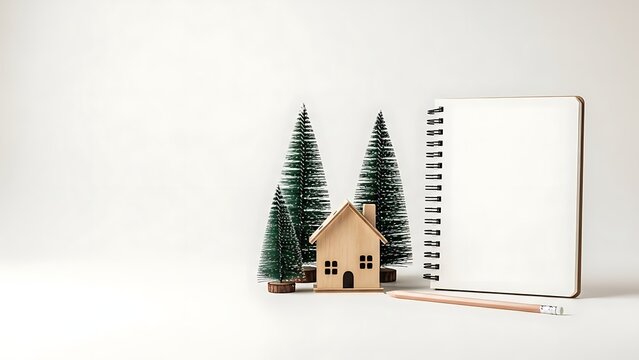 A miniature wooden house and two small evergreen trees stand beside an open spiral bound notebook and a pencil on a plain white background evoking winter or holiday planning - Powered by Adobe
