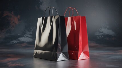 Elegant black and vibrant red shopping bags for upscale retail promotions and holiday sales events