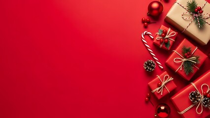 Festive christmas gifts and decorations arranged on a vibrant red background with ample copy space for design elements and text