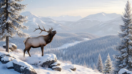 Majestic elk calling out across the snowy mountain range, evokes winter wilderness and a sense of natural wonder