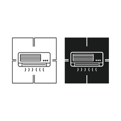 Split system air conditioner unit in white and black outline and silhouette