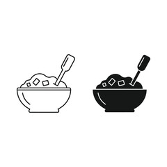 Simple line art and silhouette icons of a bowl of food with a spoon