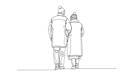 One Continuous Line Art of Couple Walking Together in Winter, a
