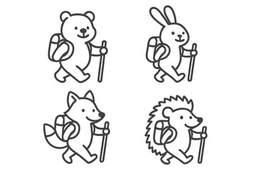Fototapeta premium Cute cartoon bear rabbit fox and hedgehog hiking with backpacks and walking sticks