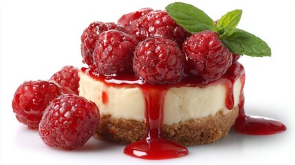 Lush raspberry cheesecake sits on a pristine white plate, adorned with vibrant red sauce and fresh raspberries. A sprig of mint adds a touch of freshness to this tempting dessert