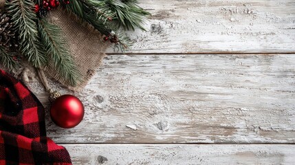 Festive christmas decoration with evergreen branches red bauble and plaid ribbon on rustic distressed wooden background