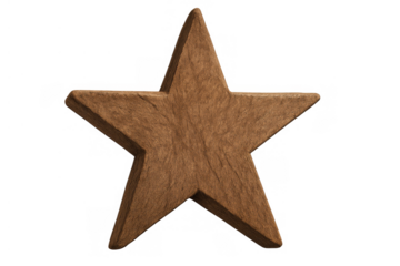 Wooden five-pointed star emblem presenting a rustic decoration and isolated object with transparent background