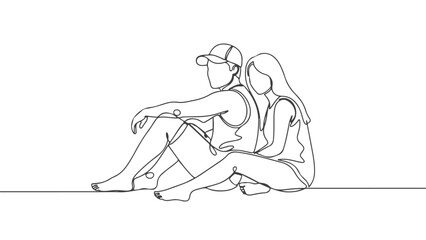 One continuous line art depicting a couple sitting and relaxing, simple minimalist design