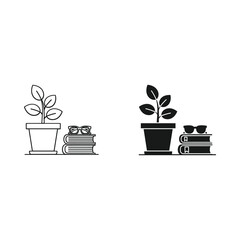 Simple line art and silhouette of a plant with books and glasses