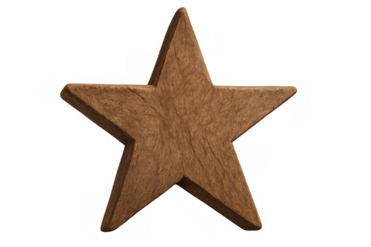 Wooden five-pointed star emblem presenting a rustic decoration and isolated object with transparent background