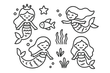 Cute cartoon mermaids with fish, starfish, and seaweed elements for children design