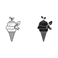 Creative ice cream cone illustration with gardening tools and plant sprout