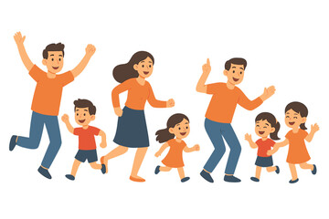 Happy family of six running and playing together with joyful expressions