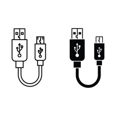 Two usb cable icons one black and white outline and one solid black