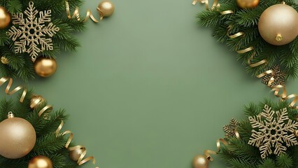 Festive christmas garland border with golden ornaments and snowflakes on a muted green background creating a seasonal frame for text and design