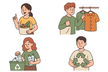 Diverse people engaging in sustainable lifestyle activities like recycling, conscious shopping, and healthy eating