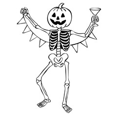 Dancing Skeleton With Pumpkin Head and Cocktail Line Art