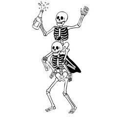 Funny Dancing Skeletons Piggyback Ride Line Art