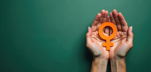 Female hands carefully hold the gender symbol on green backdrop. Woman sign of Venus. The artwork represents women rights. Feminism concept. Idea of equality
