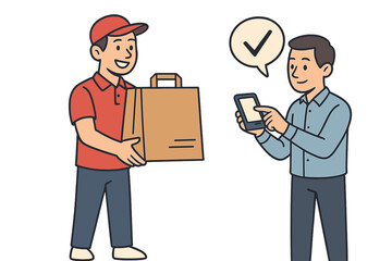 Happy delivery person giving a package to a client confirming order completion on a mobile device