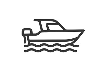 Small recreational boat navigating wavy water in a stylized outline