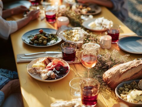 A rustic outdoor table full of delicious food, wine, and bread, beautifully arranged for a cozy, shared dining experience.