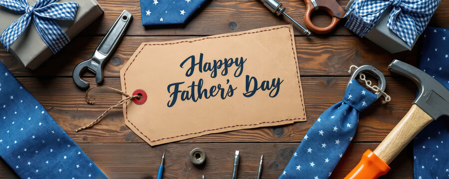 Flat lay top view of Father Day gifts, tools arranged on rustic wooden table. Includes ties, wrenches, hammer, presents, with central tag saying Happy Father Day, offering ample copy space for