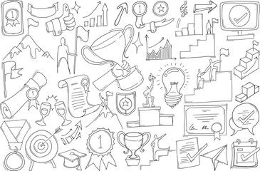 Achievement Related Doodle vector set. Drawing sketch illustration hand drawn line eps10