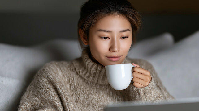 Cautious young Asian woman interacting with a tablet for online shopping during a cold winter day, highlighted by natural window light, warm cozy clothing, home comfort elements, and thoughtful facial