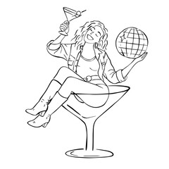 Woman Sitting in Martini Glass with Cocktail and Disco Ball – Line Art Illustration