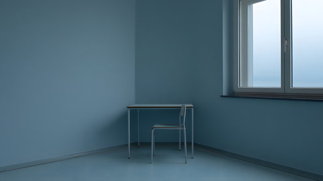 melancholy. Single desk in corner of empty classroom with soft natural light. wellbeing guides, coaching materials, designed for mental health education and mindfulness programs.