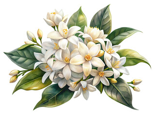 Watercolor illustration of fresh orange blossom flower bouquet isolated on transparent background