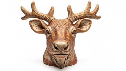 Front view of a rustic decorative deer head sculpture with prominent antlers, a symbol of wildlife, isolated on white background