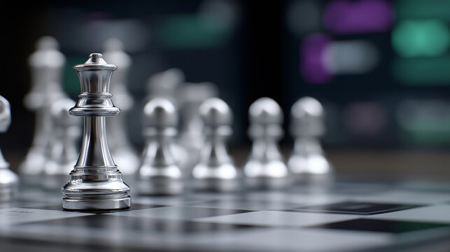 Detailed futuristic scene of advanced chess pieces arranged on illuminated circuit board, surrounded by subtle holographic interfaces, data streams, and glowing neon accents, conveying technology stra