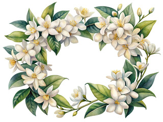 Watercolor white floral wreath with green leaves, elegant frame isolated on transparent background