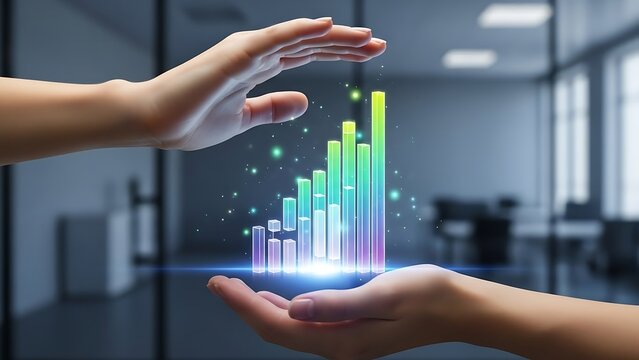 Hands presenting a glowing holographic bar chart showing upward growth and success in a modern office environment