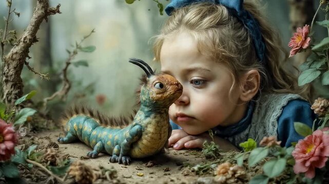 Alice met the Strange Slow Caterpillar from the fairy tale Alice in Wonderland.