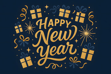Naklejka premium Happy new year celebration design featuring gifts and celebratory elements
