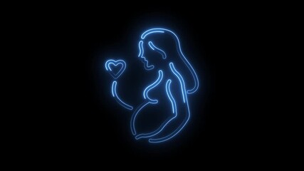 Animated neon pregnancy symbol glowing woman holding heart creative background animation loop