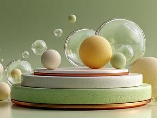 Minimalist Product Display with Mint Green Background, Floating Glass Bubbles and Decorative Spheres