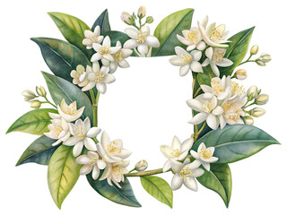 Watercolor orange blossom frame, vibrant green leaves and buds isolated on transparent background